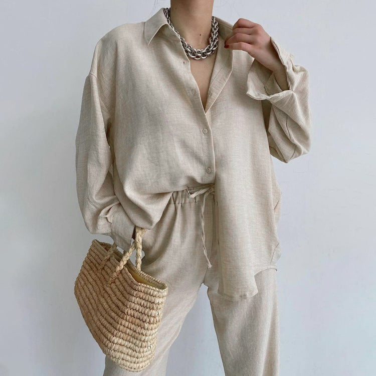 Casual Suit Solid Color Polo Collar Long Sleeve Shirt Top Pants Two-Piece Set
