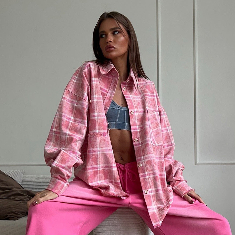 Plaid Shirt Spring Summer Retro Trendy Color Loose Shacket Pink Plaid Shirt