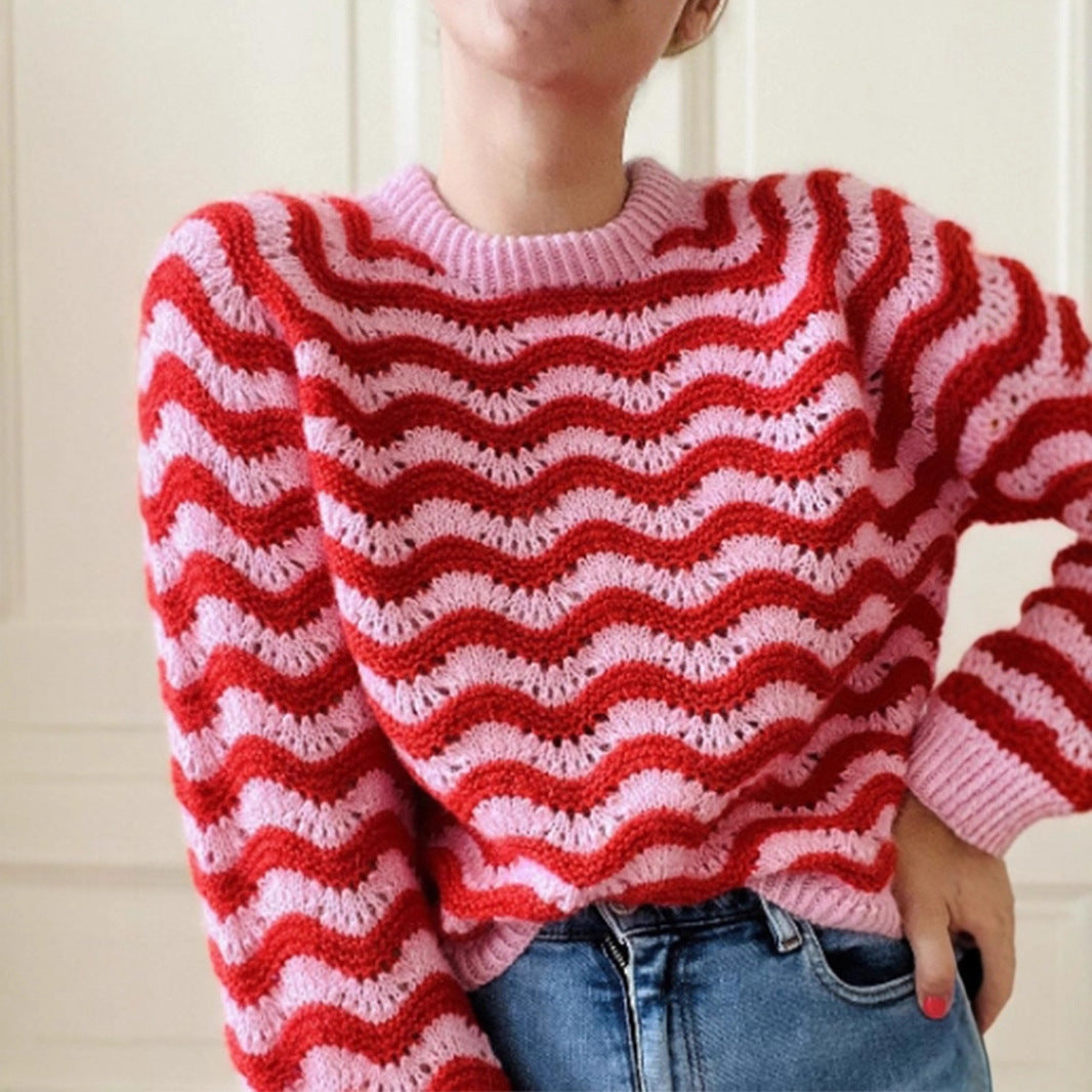 Pullover round Neck Wave Striped Women Autumn Winter Sweater Casual Long Sleeve Knitwear Top