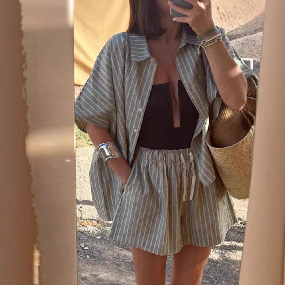 Summer Striped Shirt Pocket Shorts Loose Casual Two Piece Sets Women