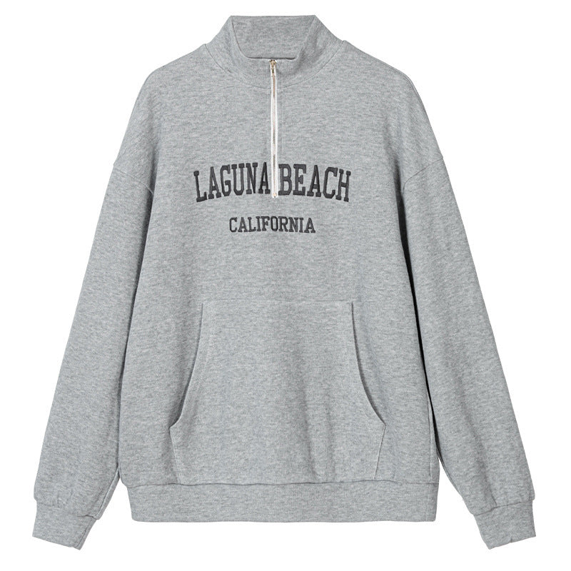 Casual Spring Women Pullover Sweatshirt Letter Graphic Embroidery Zipper Pullover Baggy