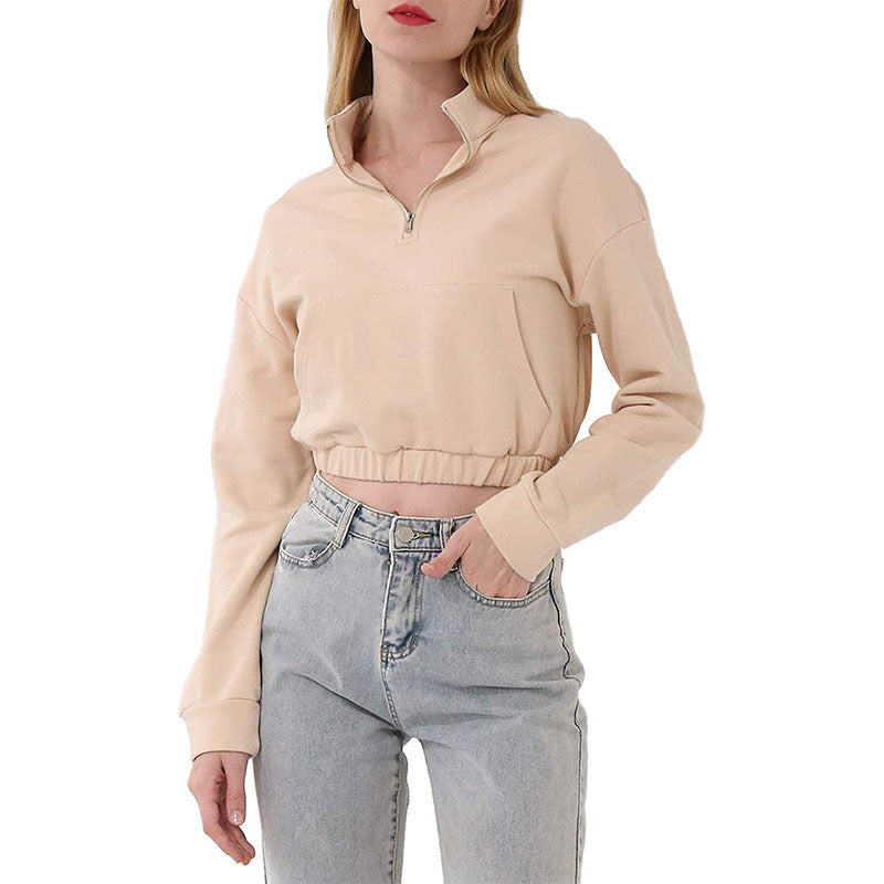 Short Waist Tight Sweatshirt Women Clothing Exclusive Polo Collared Zipper Casual Sports Top