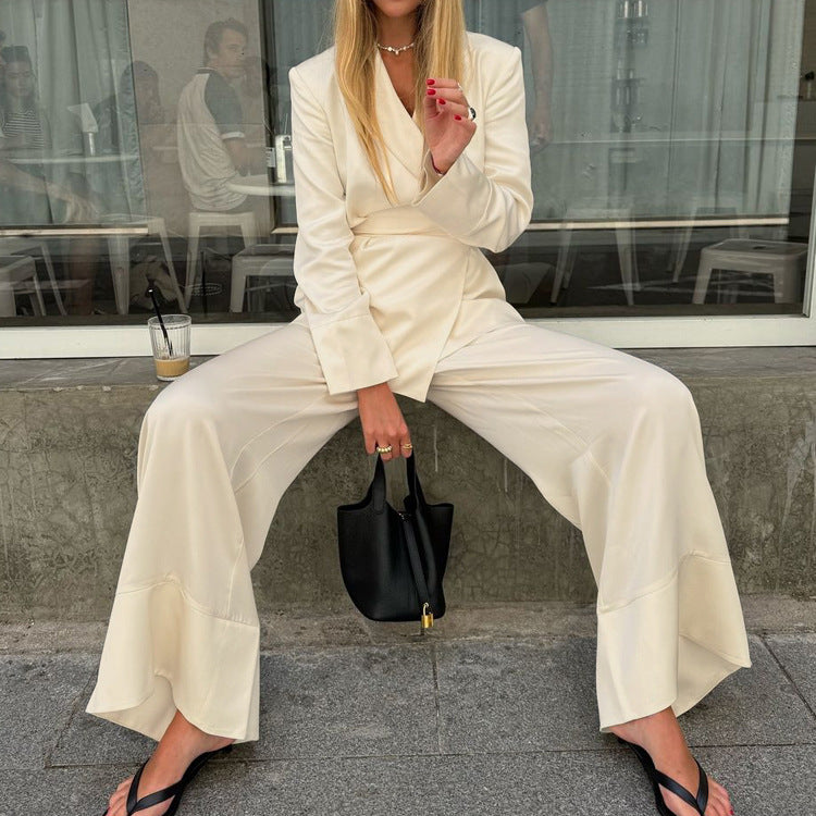 High Grade Satin Office Suit Women Elegant V neck Long Sleeve Tied Top Loose Wide Leg Pants Two Piece Set