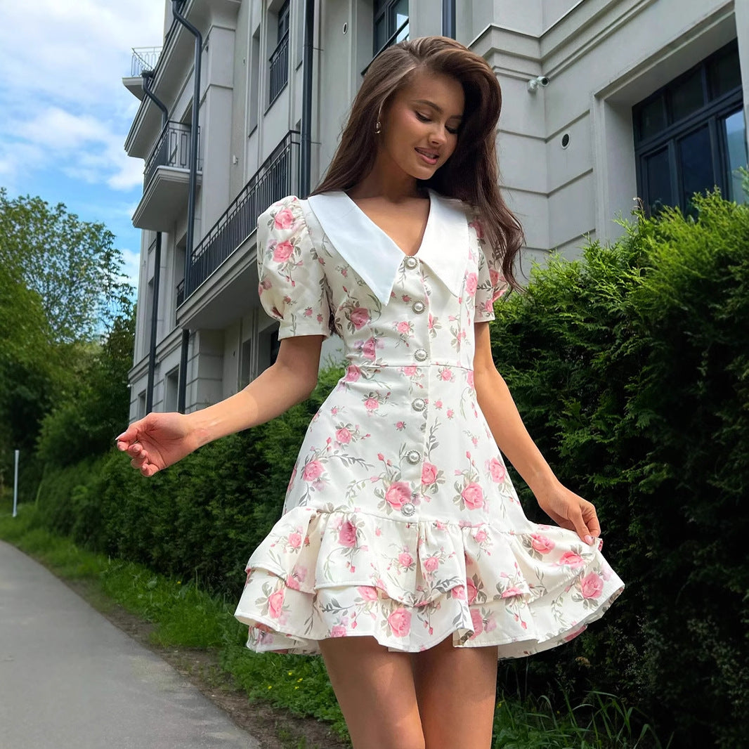 French V neck Puff Sleeve Dress Summer Waist Trimming Printing Short Dress Ruffled Dress