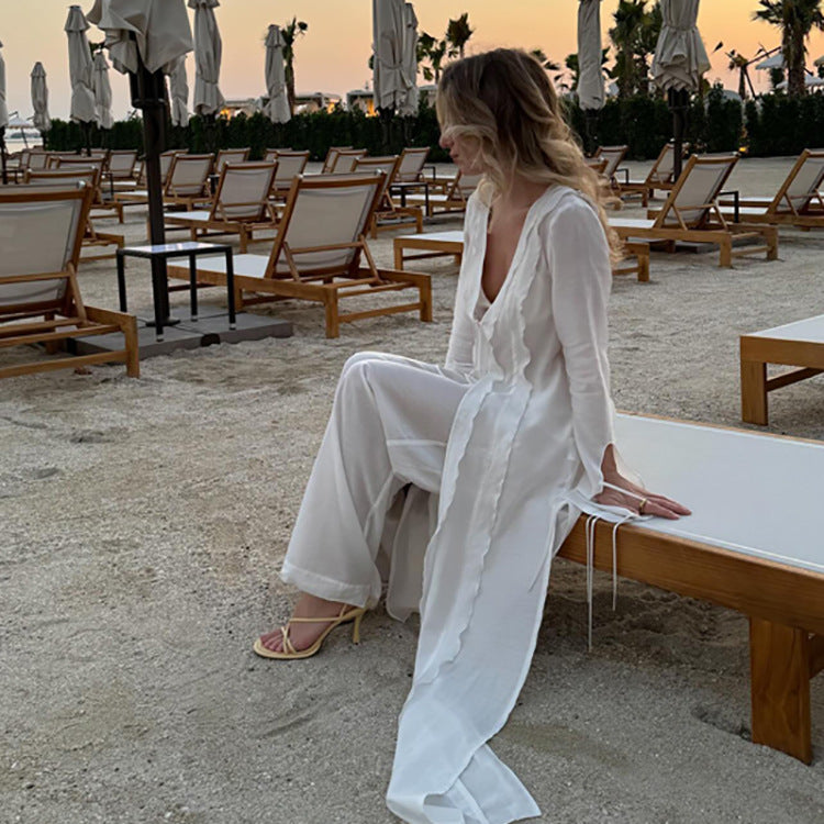 Arrival Vacation Sexy See through Lace up Waist Controlled Robe Two Piece Pants Women Clothing
