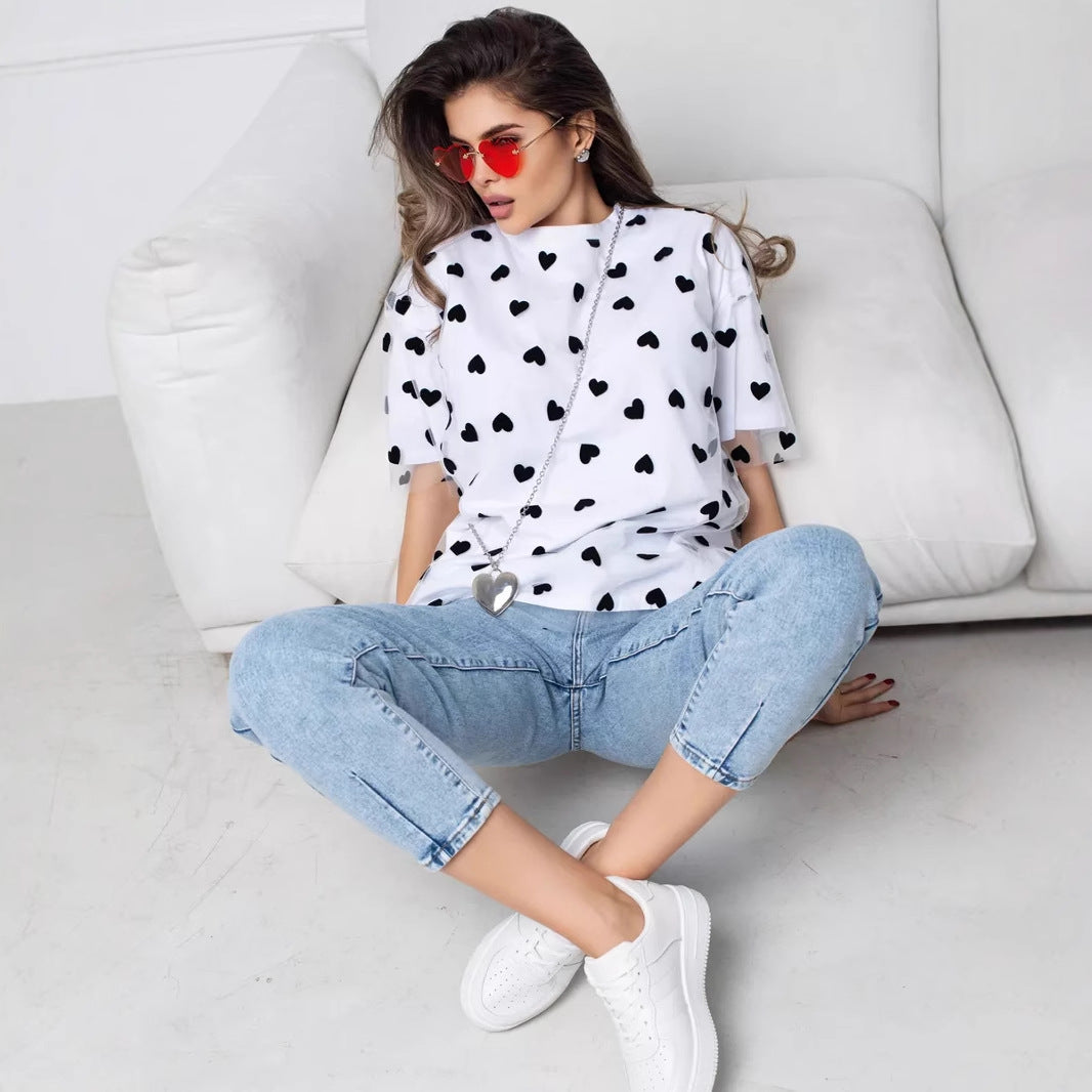 Sexy Women Clothing Love Mesh Stitching Loose Basic round Neck Short Sleeve T shirt