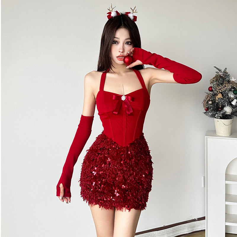 Autumn Winter Sexy Backless Halter Bow Solid Color Sequ Hip Christmas Clothes Women