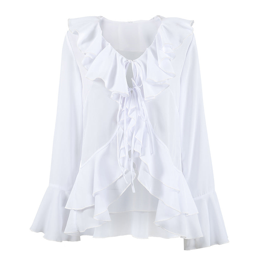 French Chiffon V neck Flared Sleeves Ruffled Long-Sleeved Shirt Spring Summer Top