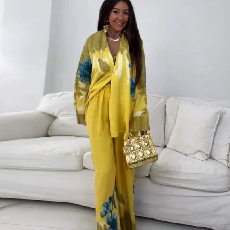 Summer Ink Painting Positioning Printed Long Sleeved Top Wide Leg Pants Two Piece Set