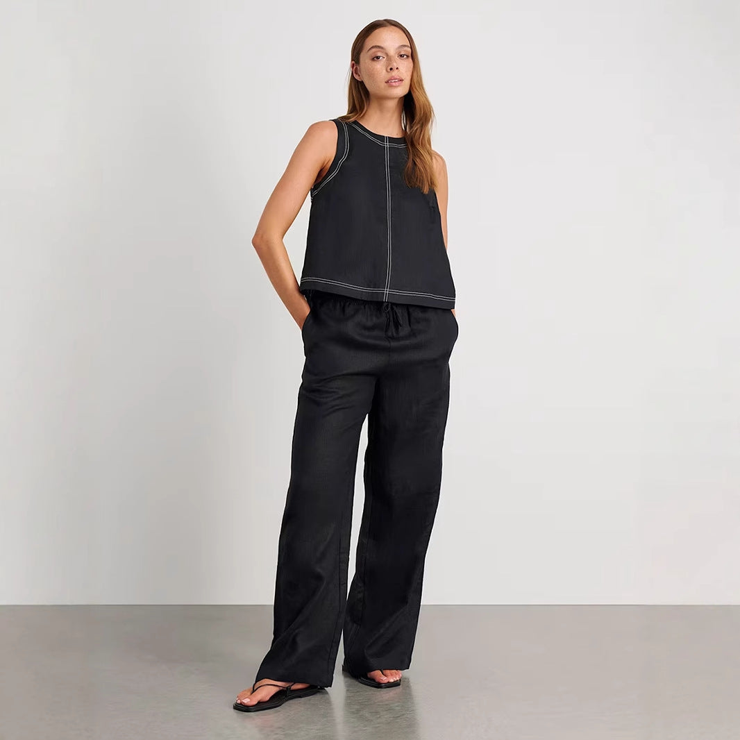 Cotton Linen Vest Pants Set Spring Summer Wide Leg Pants Sleeveless Vest Casual Set Women