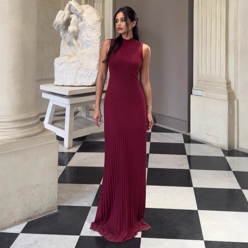 Half Turtleneck Sleeveless Knitted Maxi dress Solid Color Pleated dress Tight Summer Maxi Dress