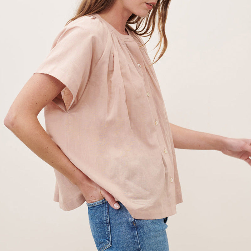 French Design Cotton Short Sleeved Shirt Women Summer Sweet All Matching Shirt Batwing Sleeve Round Neck Top