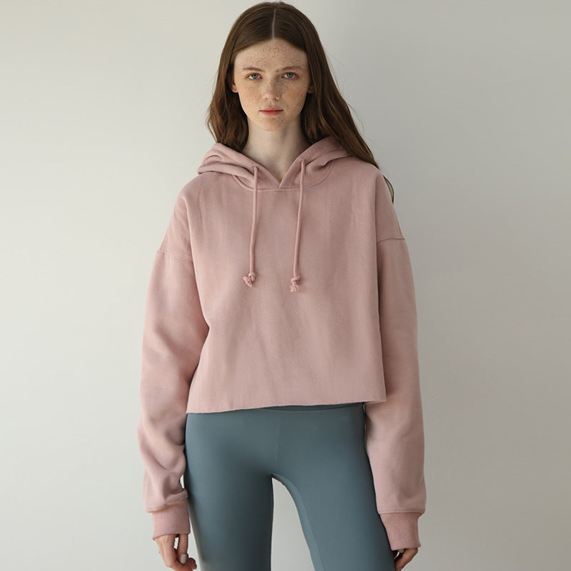 Sports Loose Cropped Hoodie Women Autumn Winter Fleece-lined Solid Color Minimalist Long Sleeve Top