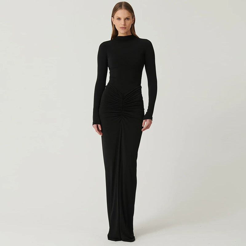 Autumn Winter Sexy Slimming Beam Waist Solid Color Maxi Dress Pleated Dress Women