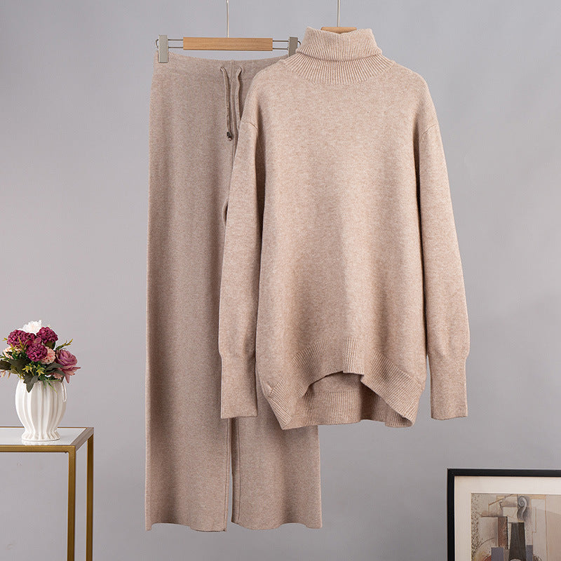 Solid Color Turtleneck Sweater Wide Leg Pants Knitted Two Piece Winter Loose Sweater Sets