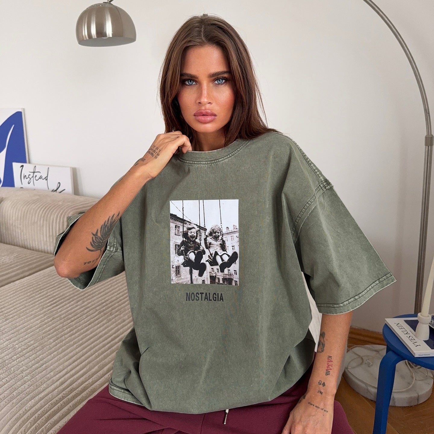 Cotton Print Short Sleeve T shirt Summer Retro Distressed Short Sleeved Shirt Printed Short Sleeved Women