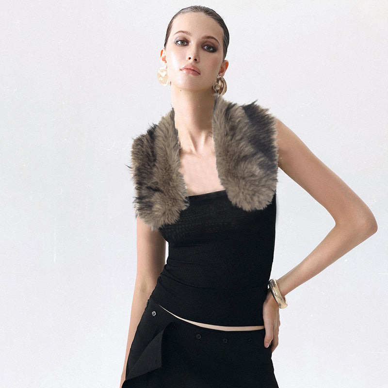 Summer Women Clothing Sexy Elegant Fashionable Stitching Fur Collar Backless Waist Trimming Short Top