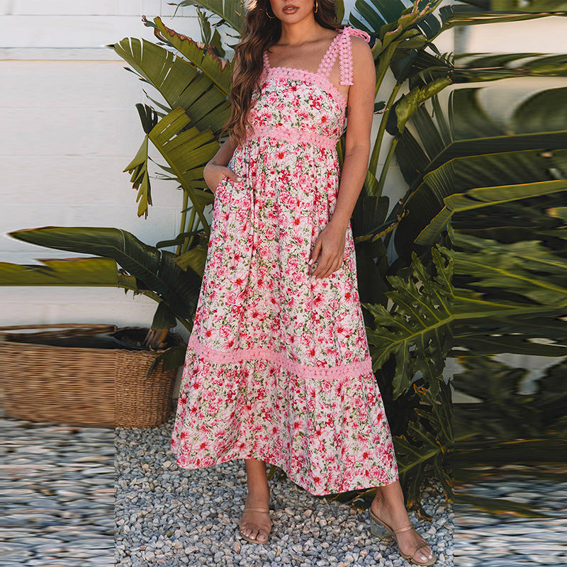 Spring Summer High Waist Dress Women Sweet Floral Print Lace Patchwork Maxi Dress Women
