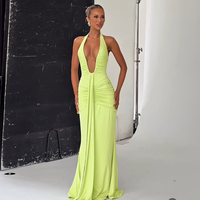Spring Summer Women Elegant Sexy Deep V Plunge neck Halter Slim Pleated Dress Women