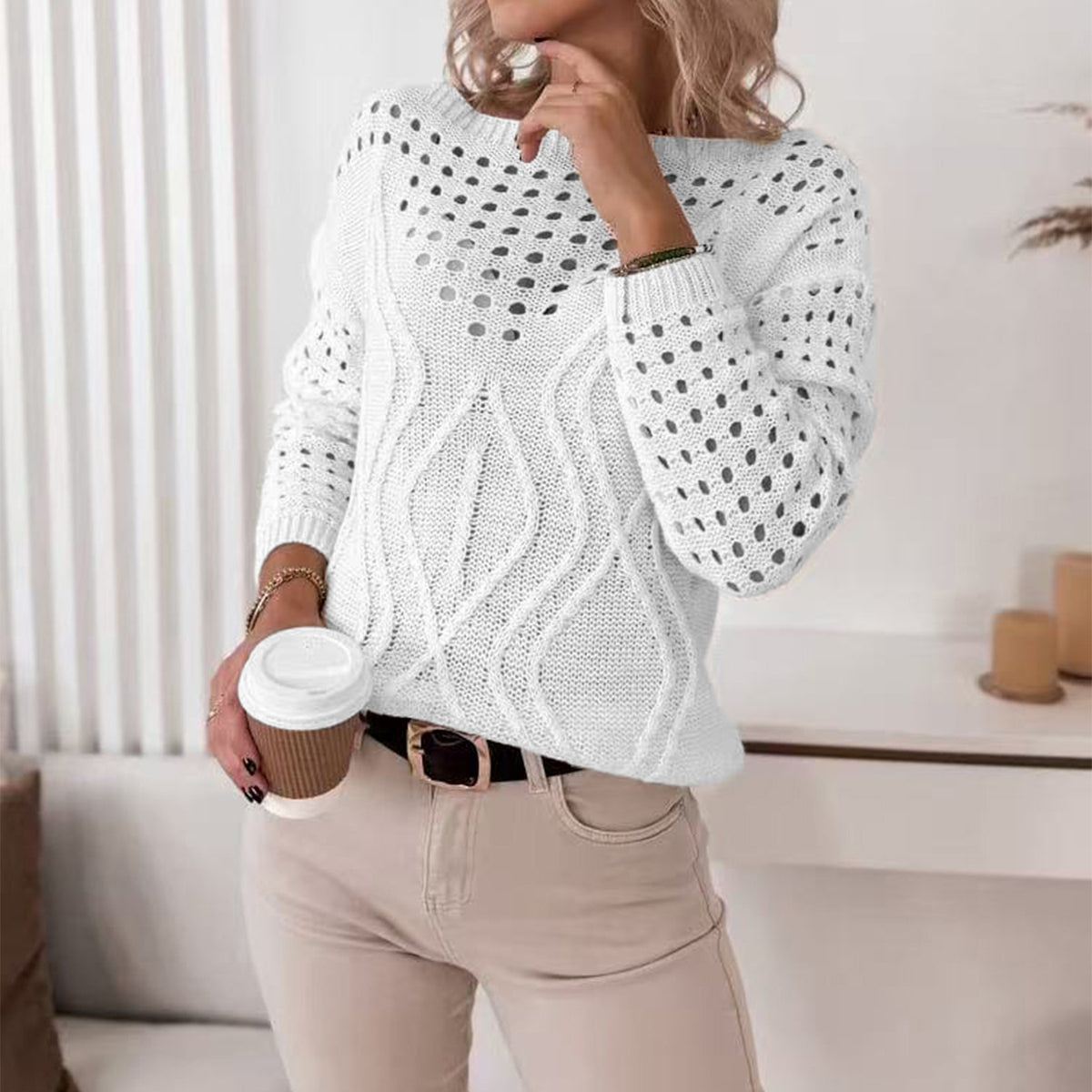Autumn Solid Color Loose Fitting Women Sweater off Neck Pullover Long Sleeve Hollow Out Cutout out Sweater Women