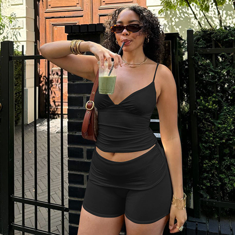 Women Clothing Summer Solid Color Camisole Bum Lift Shorts Sports Fitness Set