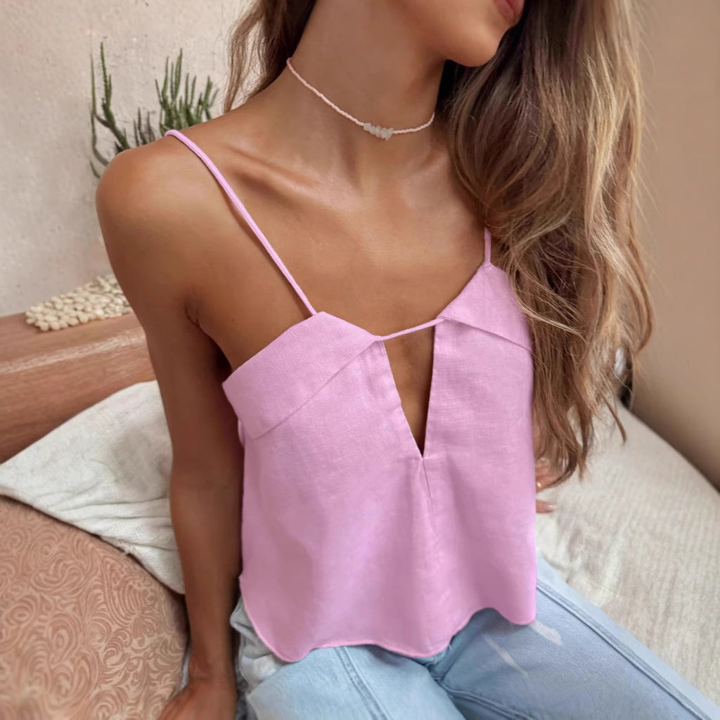 Cotton Linen Summer V neck Strap Vest Sexy Short Solid Color Top Women Clothing