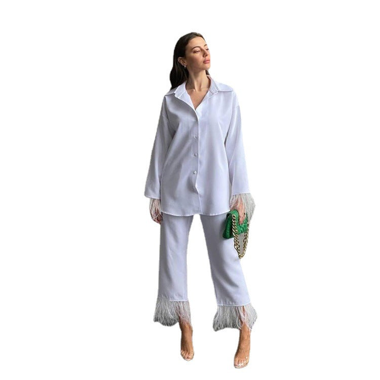 Spring Summer Special-Interest Design Long Sleeve Feather Shirt Casual Cropped Pants Suit