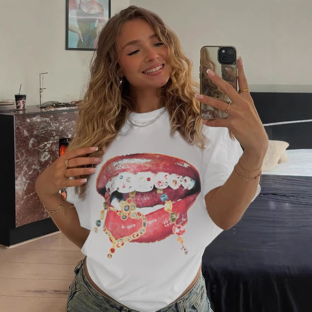 Personality Big Mouth Printing Stylish T shirt Loose round Neck Short Sleeve Top Women Clothing