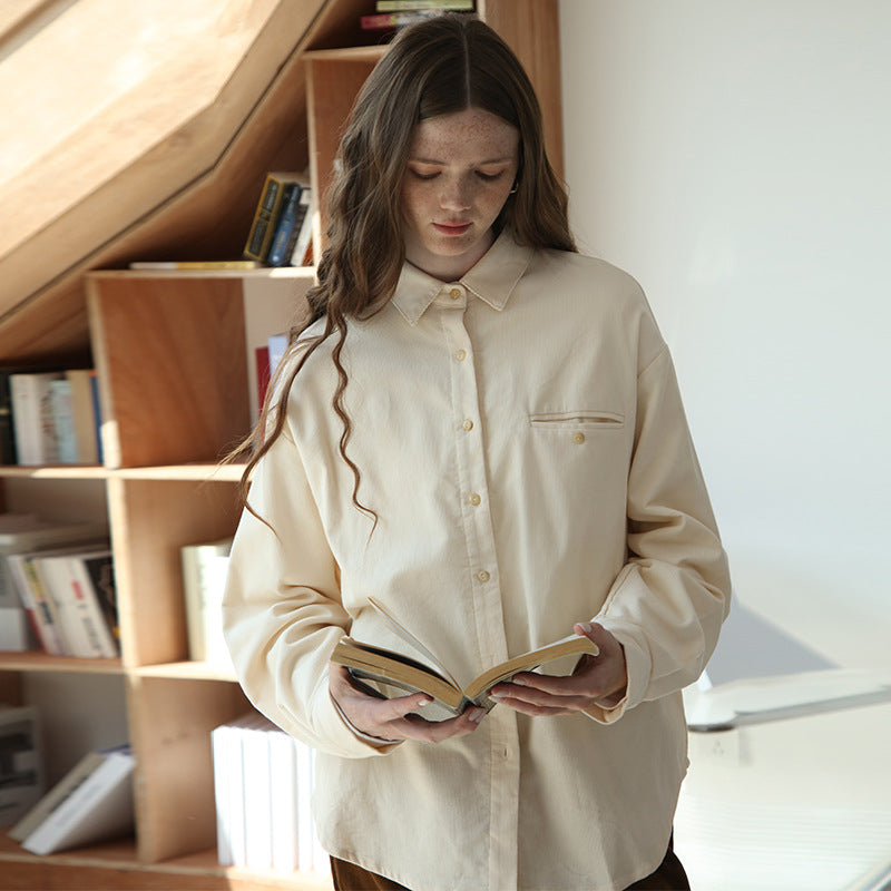 Autumn Winter Retro Elegant Corduroy Women Shirt French High Grade Loose Long Sleeve Collared Shirt for Women