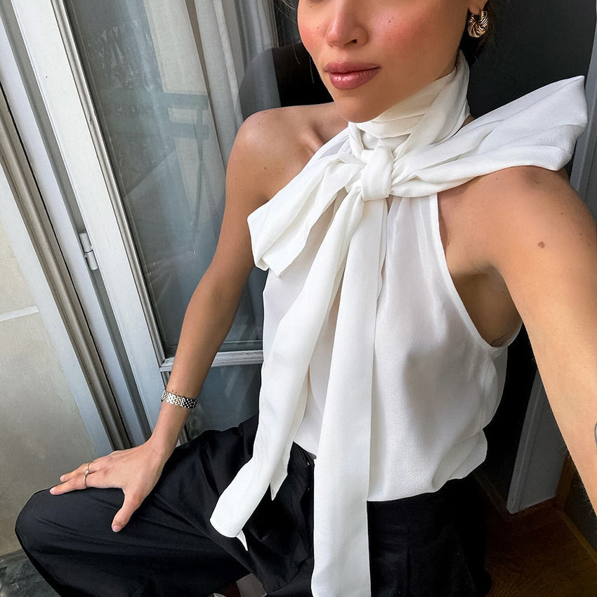 French Chiffon Elegant Sleeveless Turtleneck Halter Lace up Inner Vest Summer Women Wear