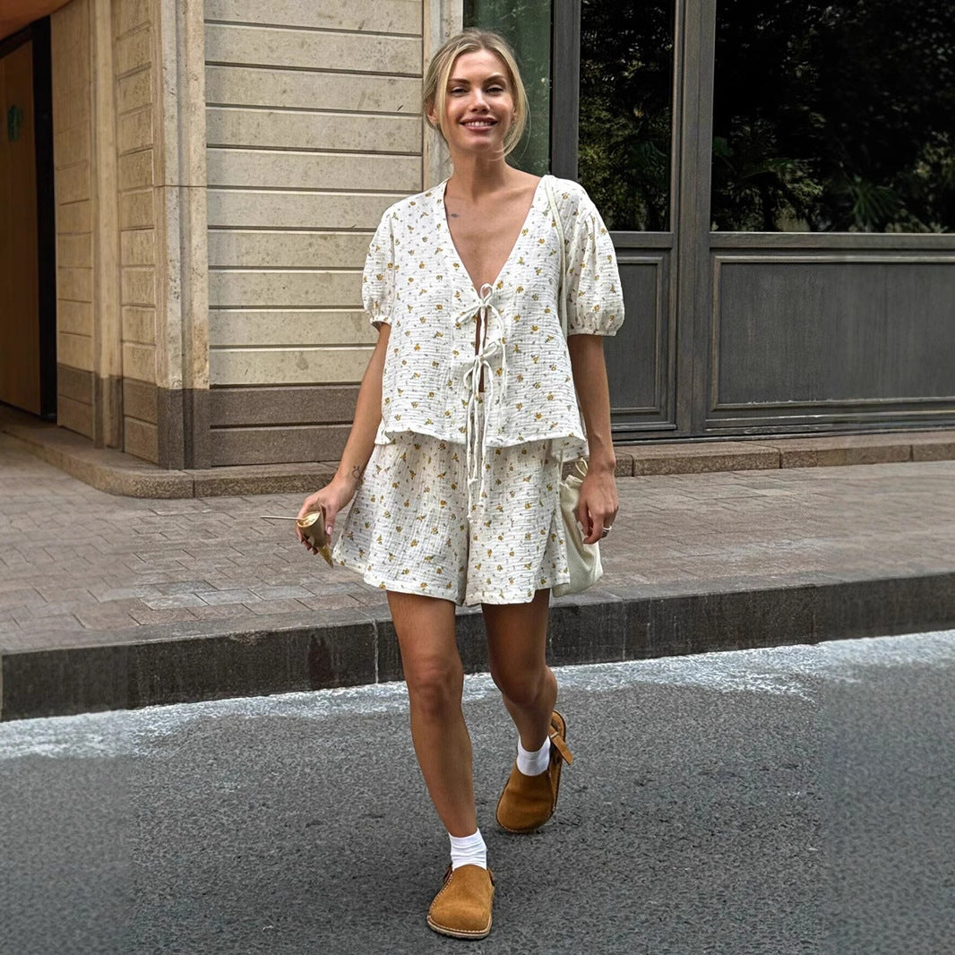 Cotton Print Short Sleeve Shorts Set Summer Lace up Puff Sleeve Loose Shorts Sets