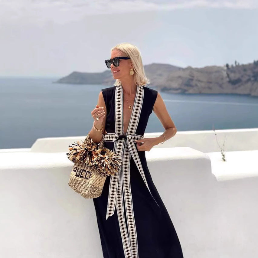 Summer Color Matching Beach Dress Sexy Deep V Plunge neck Lace up Vacation Dress Cardigan Beach Cover Up