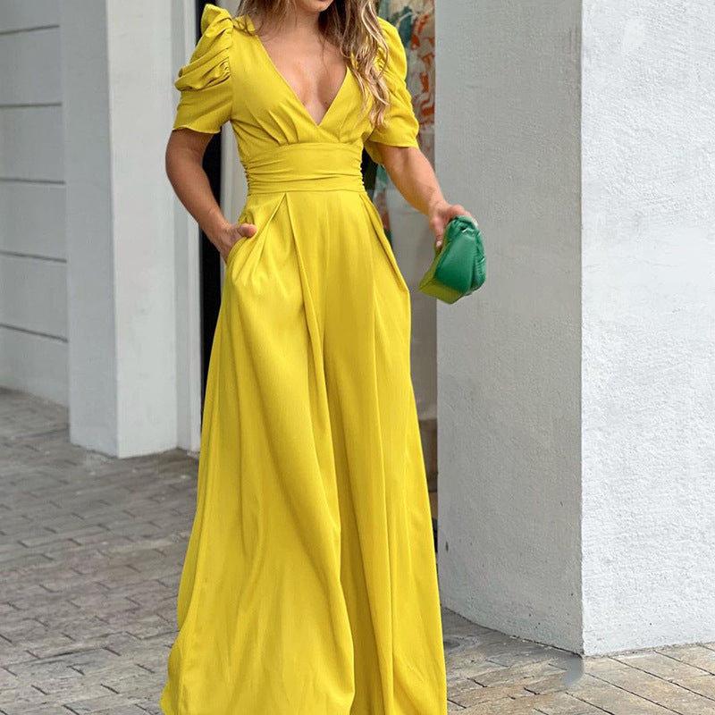 Women Clothing Short Sleeve Elegant Wide Legs Jumpsuit