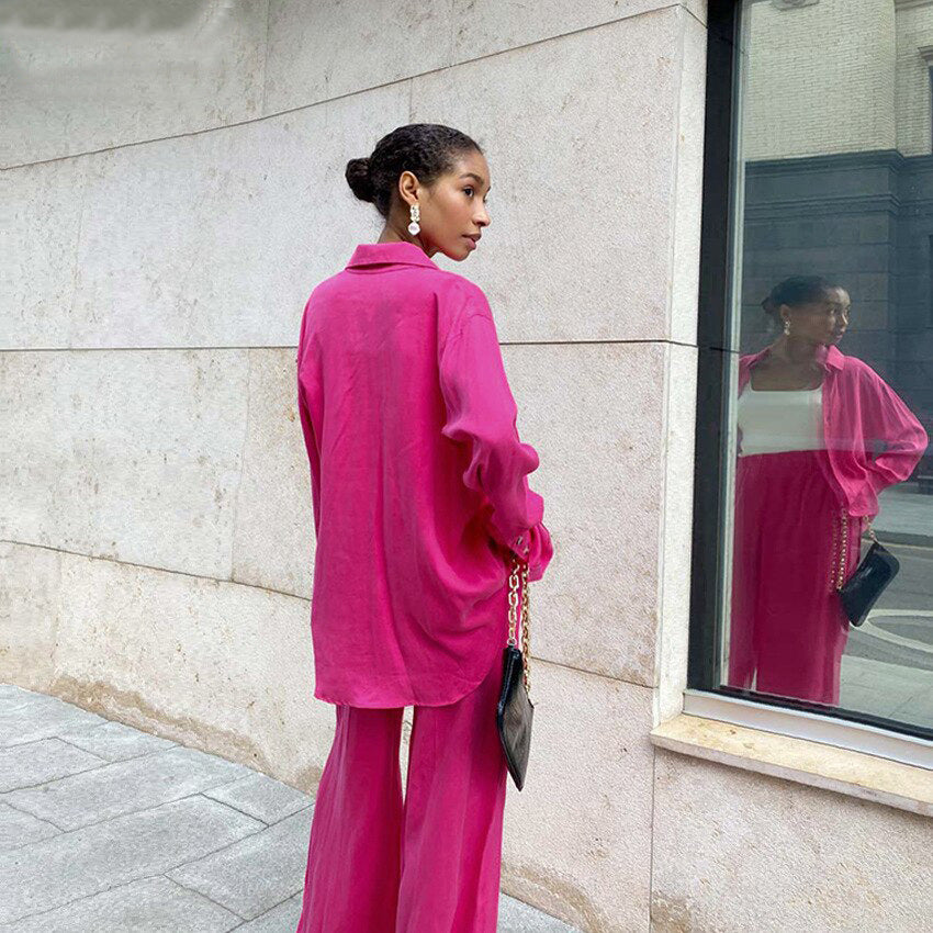 Early Spring Women Clothing Satin Shirt Office Draping Silky Straight-Leg Trousers Simple Casual Suit
