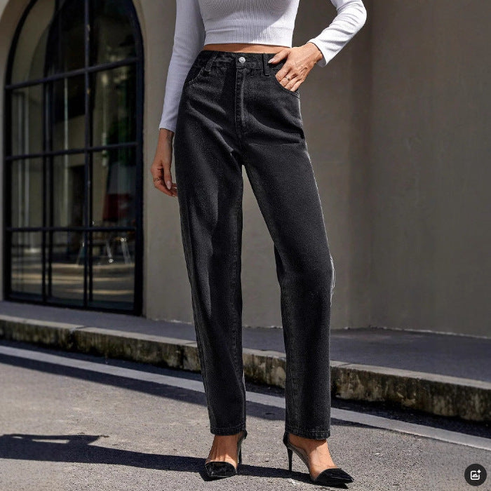 Women Clothing Autumn Winter High Waist Slimming Straight Denim Trousers