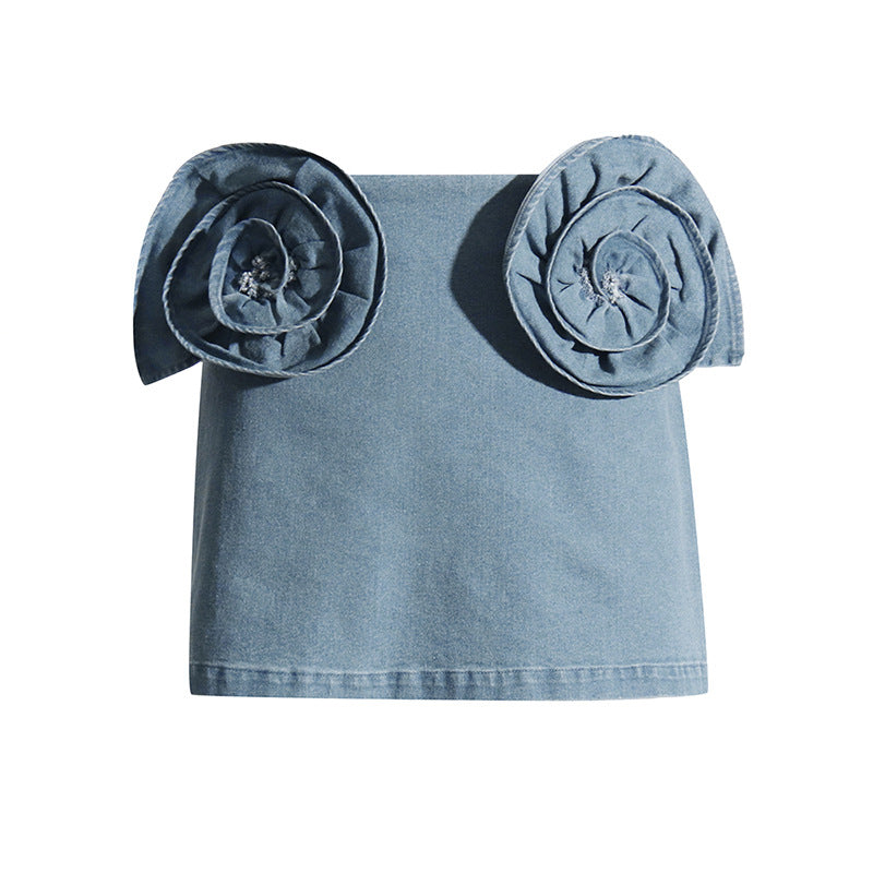 Women Spring Elegant Three Dimensional Floral Denim A line Skirt Women