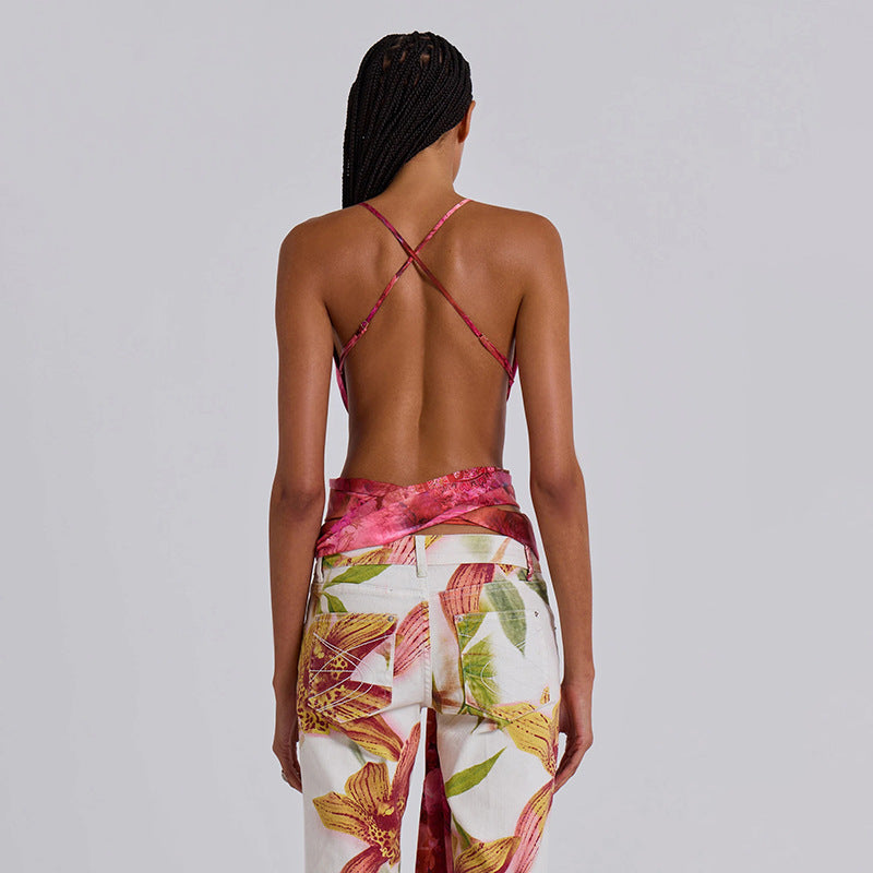 Summer Trends Women Printed Lace up Slim Fit Backless All Match Vest