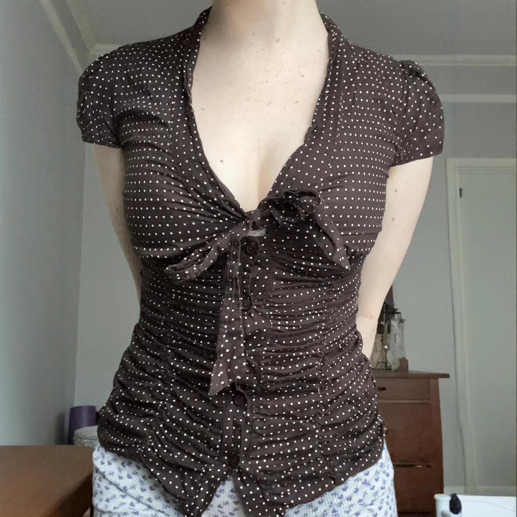 Lightly Mature V neck Lace up Pleated Slim Fit Shoulder T shirt Spring Summer Polka Dot Short Sleeve Top