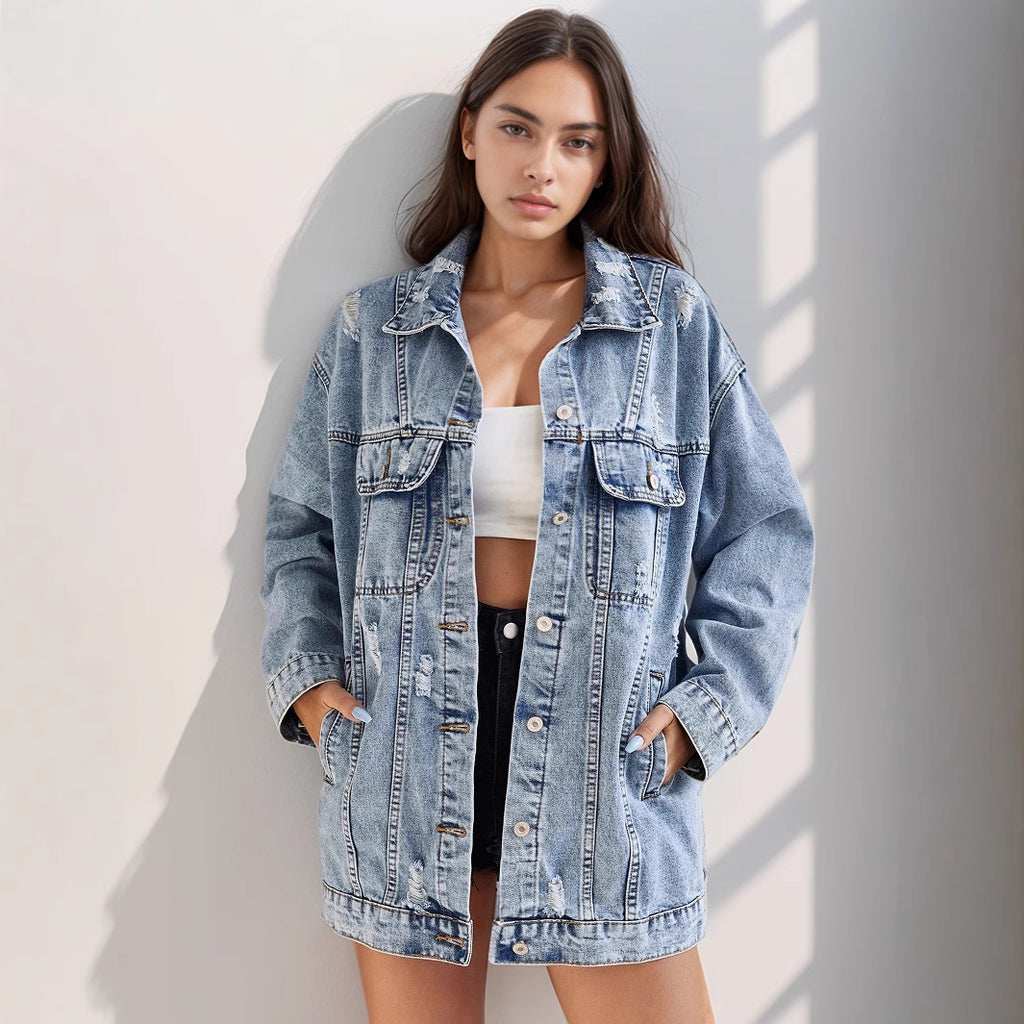 Women Ripped Collared Mid Length Denim Coat
