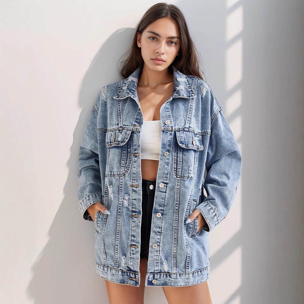 Women Ripped Collared Mid Length Denim Coat