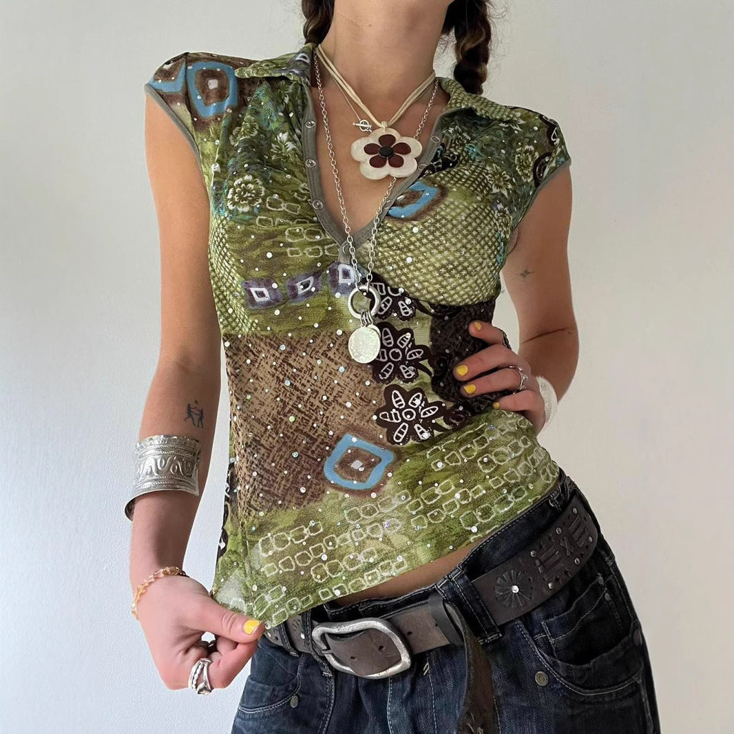 Wizard of Oz Deep Forest Vintage Printing Polo Collar Slim Stretch Graceful Wind Summer Short Sleeved Top