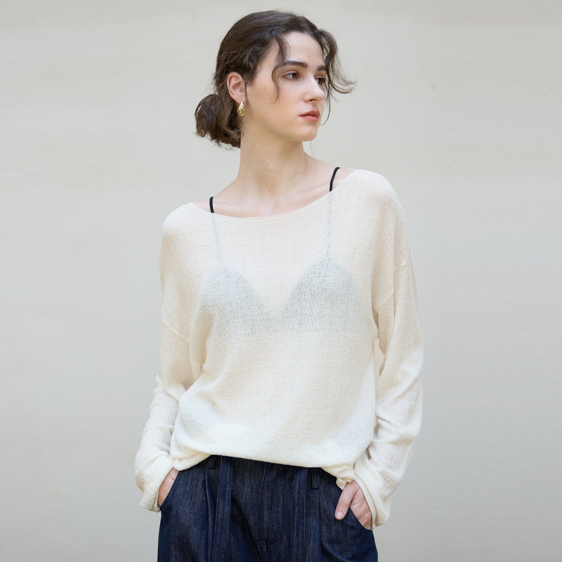 Autumn Winter Tencel Wool Blended Women Tops Elegant Idle Knitted Bottoming Shirt round Neck Loose Long Sleeves