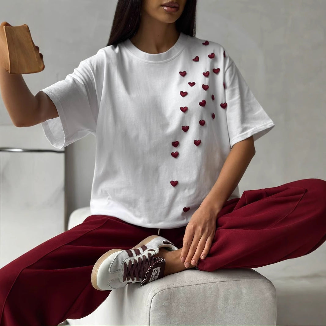 Women Spring Summer Brand Printing Casual Short Sleeved Love Stickers round Neck All Matching Solid Color T shirt