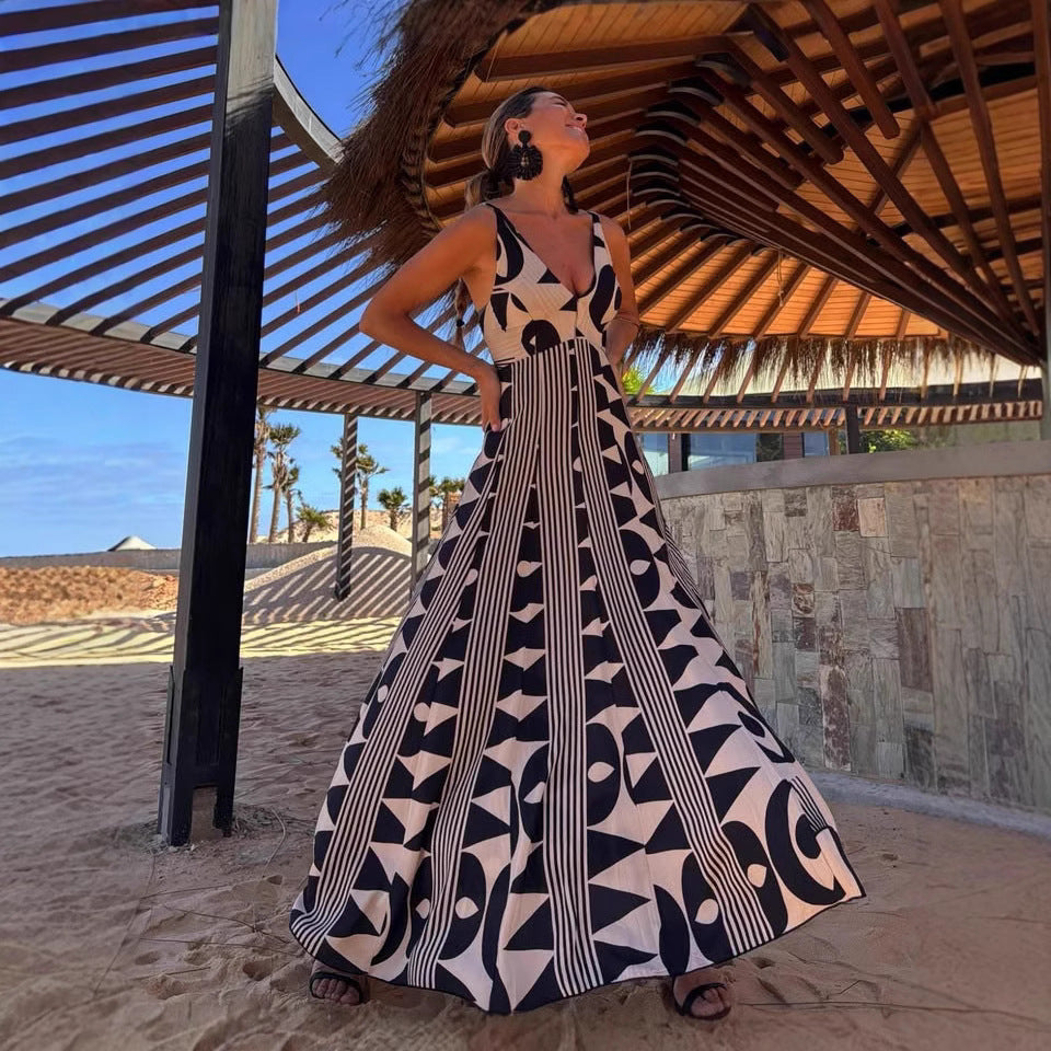 Summer V neck Waist Trimming Printing Large Swing Beach Holiday Dress