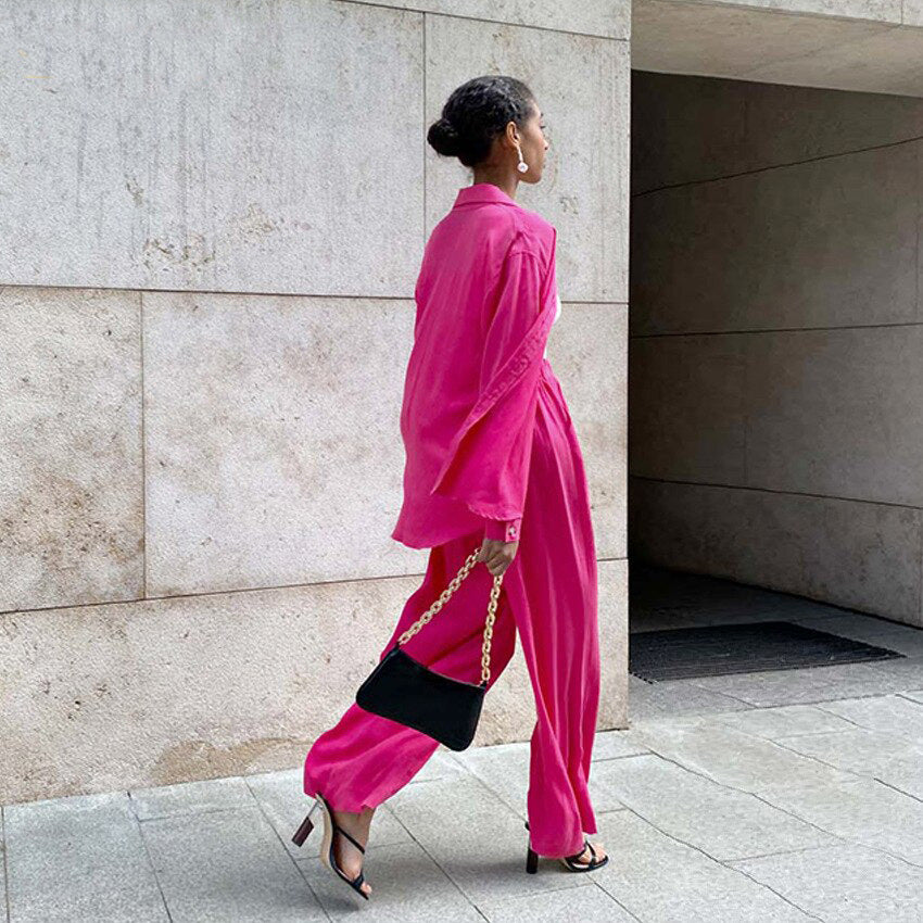 Early Spring Women Clothing Satin Shirt Office Draping Silky Straight-Leg Trousers Simple Casual Suit