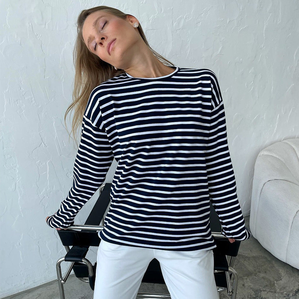 Long Sleeved Striped T shirt Spring Trendy Wild Casual round Neck Cotton Striped T shirt