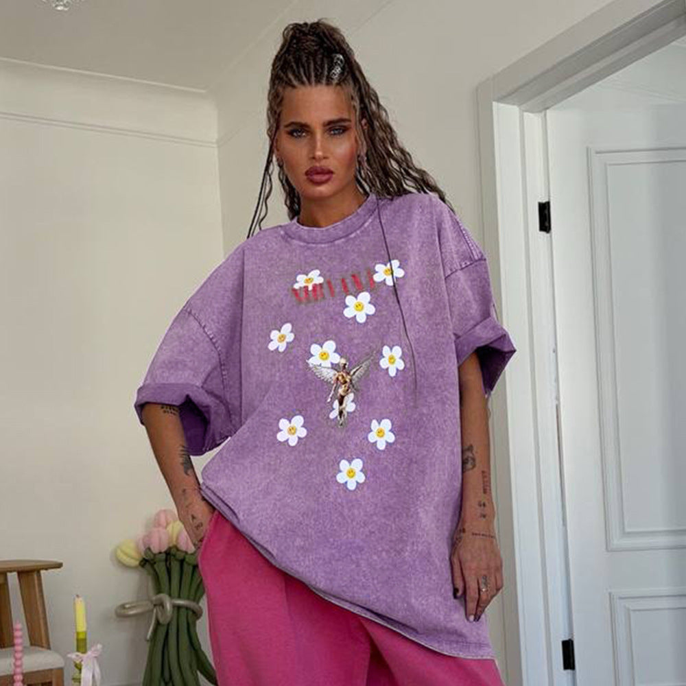 Loose Cotton Washed Printed T shirt Summer Floral Printed Half Sleeve T shirt for Women