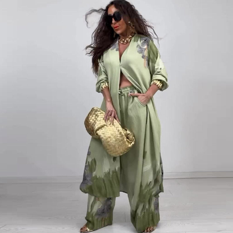 Summer Elegant Sexy Print Top Wide Leg Pants Two Piece Sets