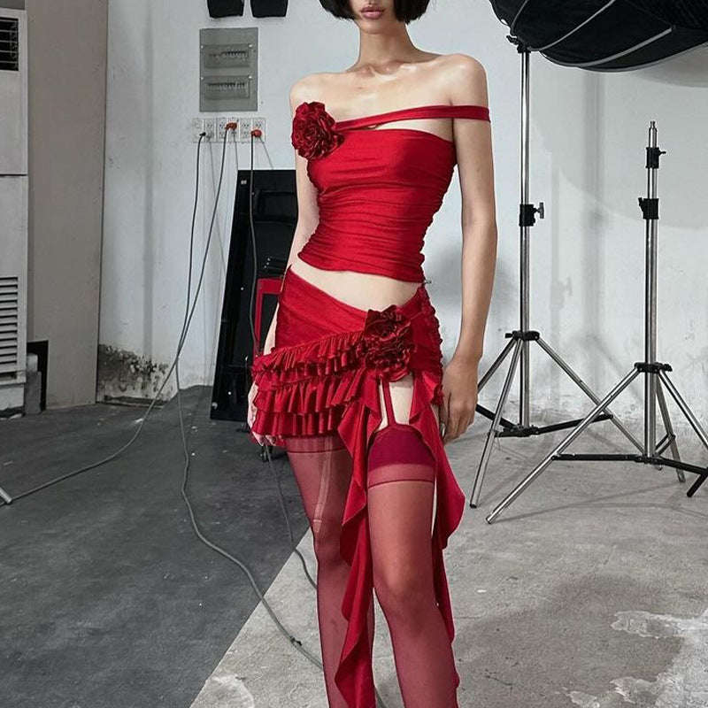 Spring Women Clothing Sexy Sweet Spicy Elegant Slim Floral Top Hip Skirt Set