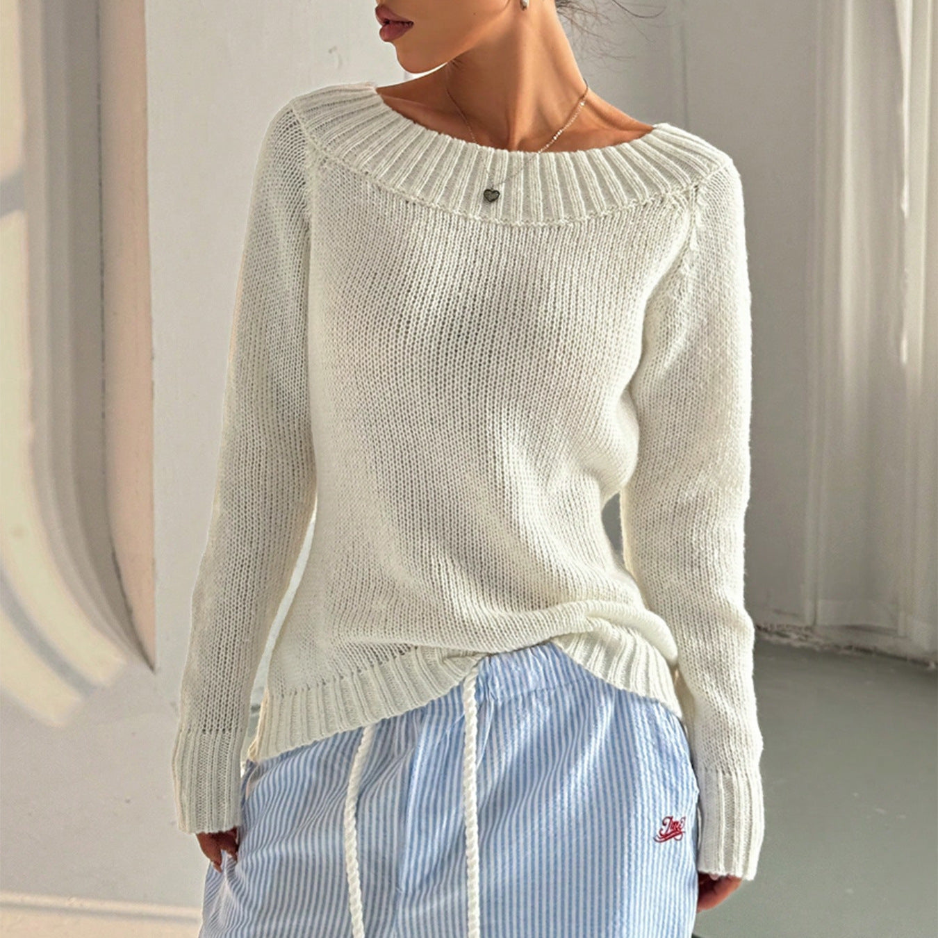 Solid Color Simple off Neck Pullover Sloping Exposed Shoulder Women's Autumn/Winter Knit Casual Sweater for Women